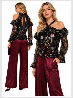 Alexis Black Garden Semi Sheer Embroidered Top M